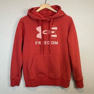 UNDER ARMOUR WOMENS HOODIE, SZ-SM, RED W/EMBLEM & POCKET ON FRONT